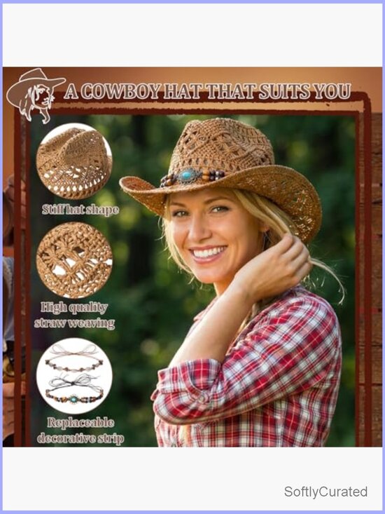 Straw Wide Brim Cowgirl Hat with Two Bands Lightweight Breathable Western Hat